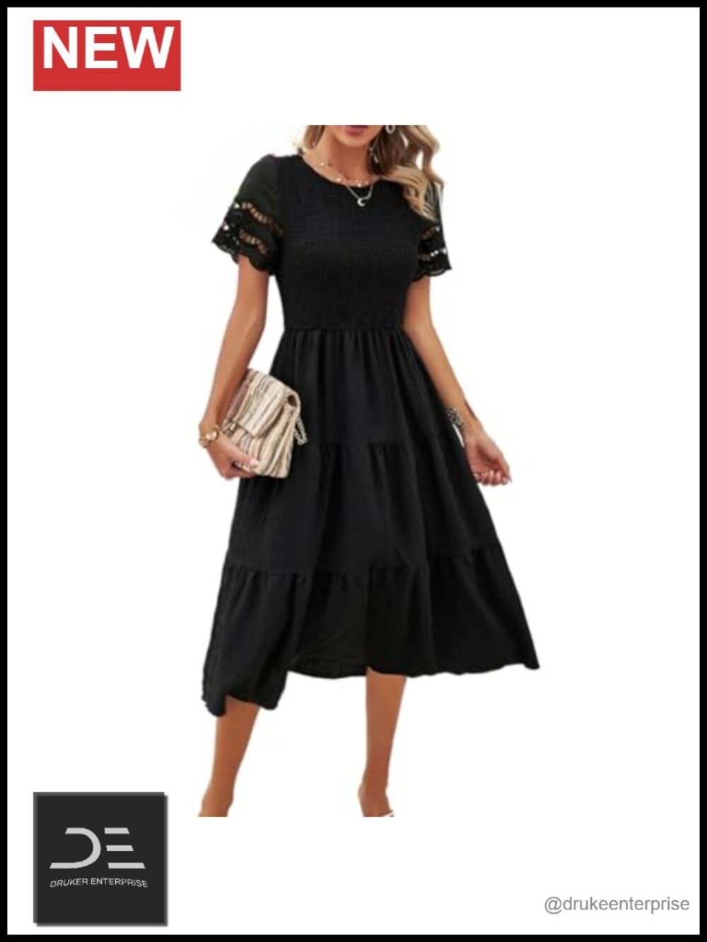 Women's Smocked Tiered Midi Dress Short Sleeve Summer Vacation Beach Sundress